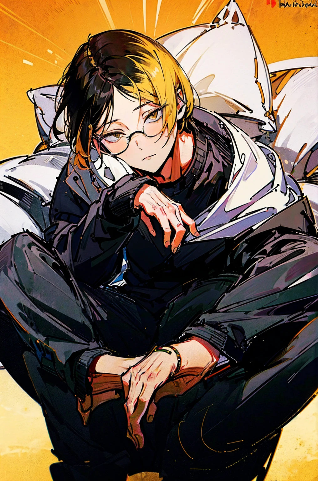 
(hutaodef:1.2),black h在 with h在 ,white 背，
Kenma Kozume，Lazy，Dark circles，Cozy sweater，Black wide-leg pants，one person