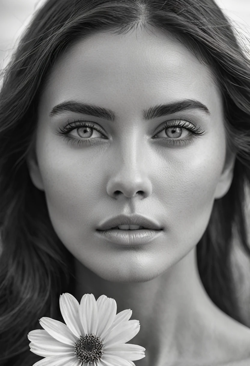 A black and white photo in raw format, zooming in on the intricate details of a woman's face, revealing her delicate skin and her expressive eyes. Frame the shot with a solitary striking flower, delicately held in the woman's hand, adding a touch of softness and femininity to the composition, enhancing the dramatic contrast and textures of the monochrome image.