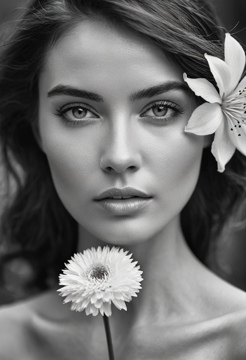 A black and white photo in raw format, zooming in on the intricate details of a woman's face, revealing her delicate skin and her expressive eyes. Frame the shot with a solitary striking flower, delicately held in the woman's hand, adding a touch of softness and femininity to the composition, enhancing the dramatic contrast and textures of the monochrome image.