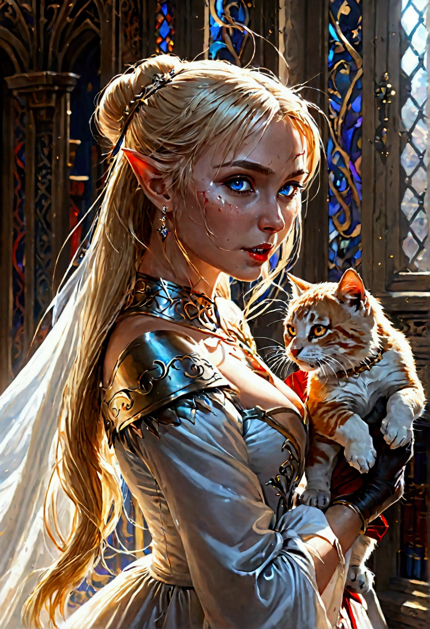 arafed a picture of elf vampire in her castle and her pet epic cat an exquisite beautiful female elf vampire (ultra details, Masterpiece, best quality), bloody mouth blond hair, pale skin, hair in a ponytail, long hair, blue eyes, small pointed ears, cold eyes, smirking, wearing white dress (ultra details, Masterpiece, best quality), red cloak, in dark fantasy library, with an ((big cat: 1.3)) (ultra details, Masterpiece, best quality: 1.5) book shelves, arafed high details, best quality, 16k, [ultra detailed], masterpiece, best quality, (ultra detailed), full body, ultra wide shot, photorealism, RAW, dark fantasy art, gothic art, ArmoredDress, Dark Novel, Dark Art Painting Style, dripping blood