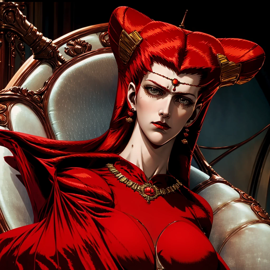 On her throne, red dress, navel,long red hair,circlet,necklace,beautiful face