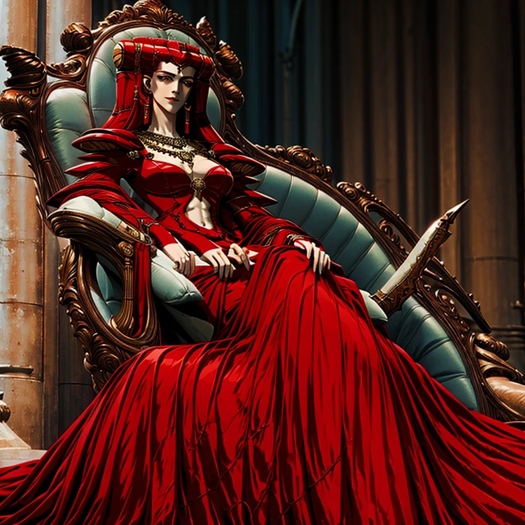 On her throne, red dress, navel,long red hair,circlet,necklace,beautiful face