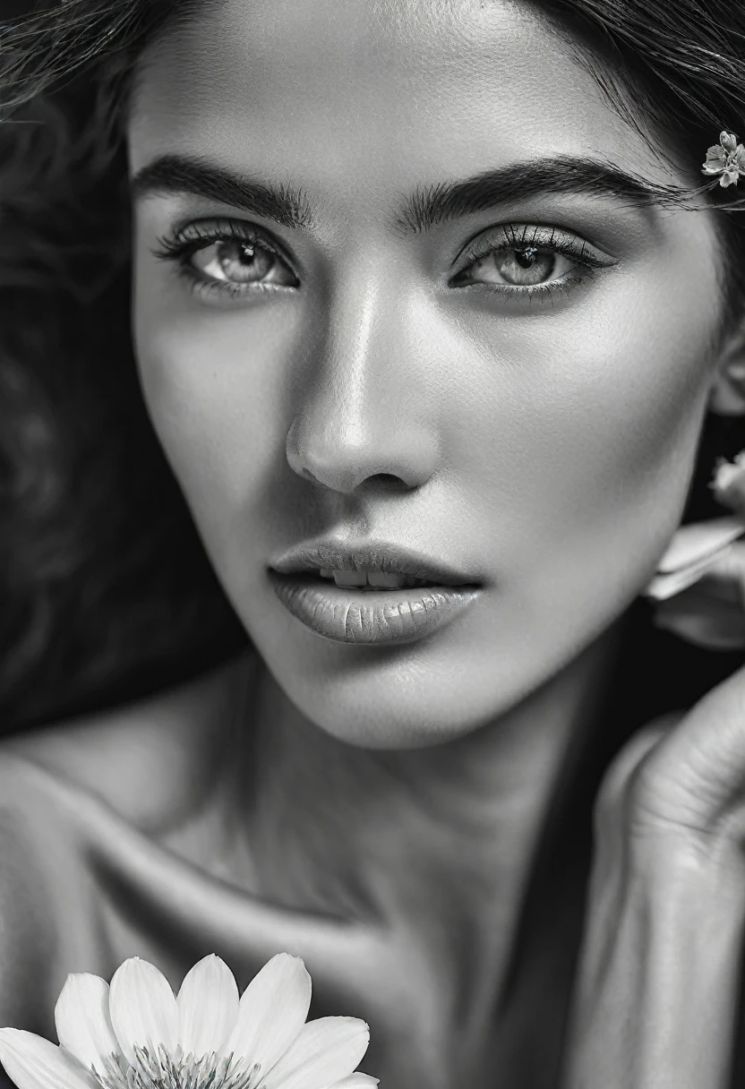 A black and white photo in raw format, zooming in on the intricate details of a woman's face, revealing her delicate skin and her expressive eyes. Frame the shot with a solitary striking flower, delicately held in the woman's hand, adding a touch of softness and femininity to the composition, enhancing the dramatic contrast and textures of the monochrome image.