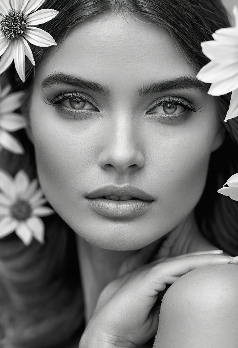 A black and white photo in raw format, zooming in on the intricate details of a woman's face, revealing her delicate skin and her expressive eyes. Frame the shot with a solitary striking flower, delicately held in the woman's hand, adding a touch of softness and femininity to the composition, enhancing the dramatic contrast and textures of the monochrome image.