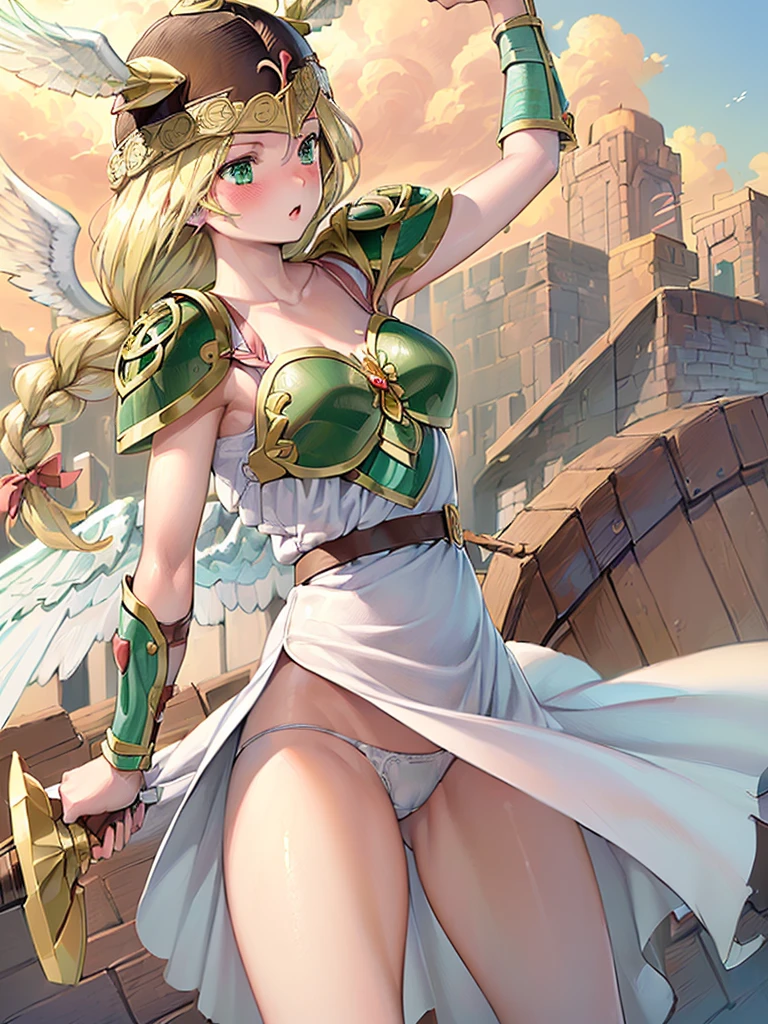 (masterpiece,best quality, 1girl, 18yo, beautiful girl:1.5),BREAK,(Armor:1.8),(Helmet with wings:1.7),(Beautiful blonde,braid,Green Eyes:1.5),BREAK,(White Dress,white panties:1.4),(She lifts her skirt to show her panties:1.4),BREAK,(blush:1.5), (blue sky:1.2),(Running on clouds:1.3),(move chart:1.3),