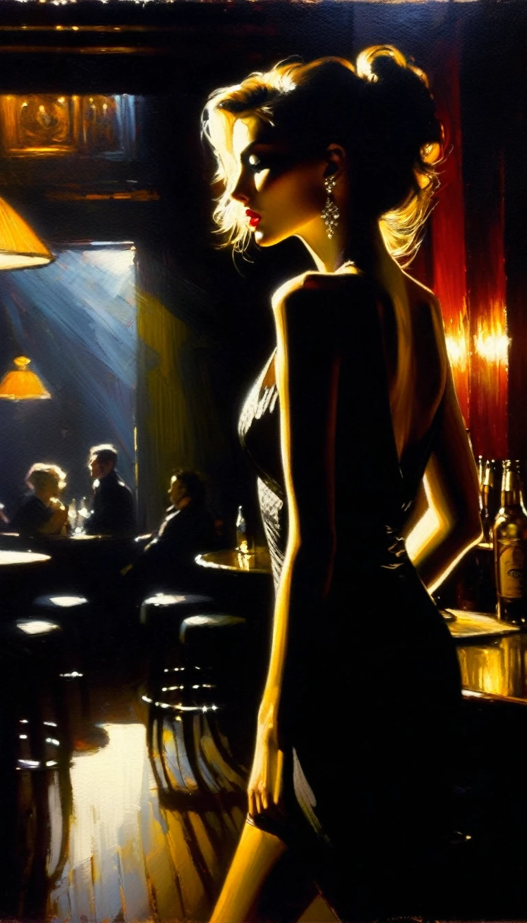 elegant and sexy girl in a pub between shadows, oil painting, chiaroscuro, sensual, dramatic lighting, moody atmosphere, (art inspired by Bill Sienkiewicz). oil painting) 