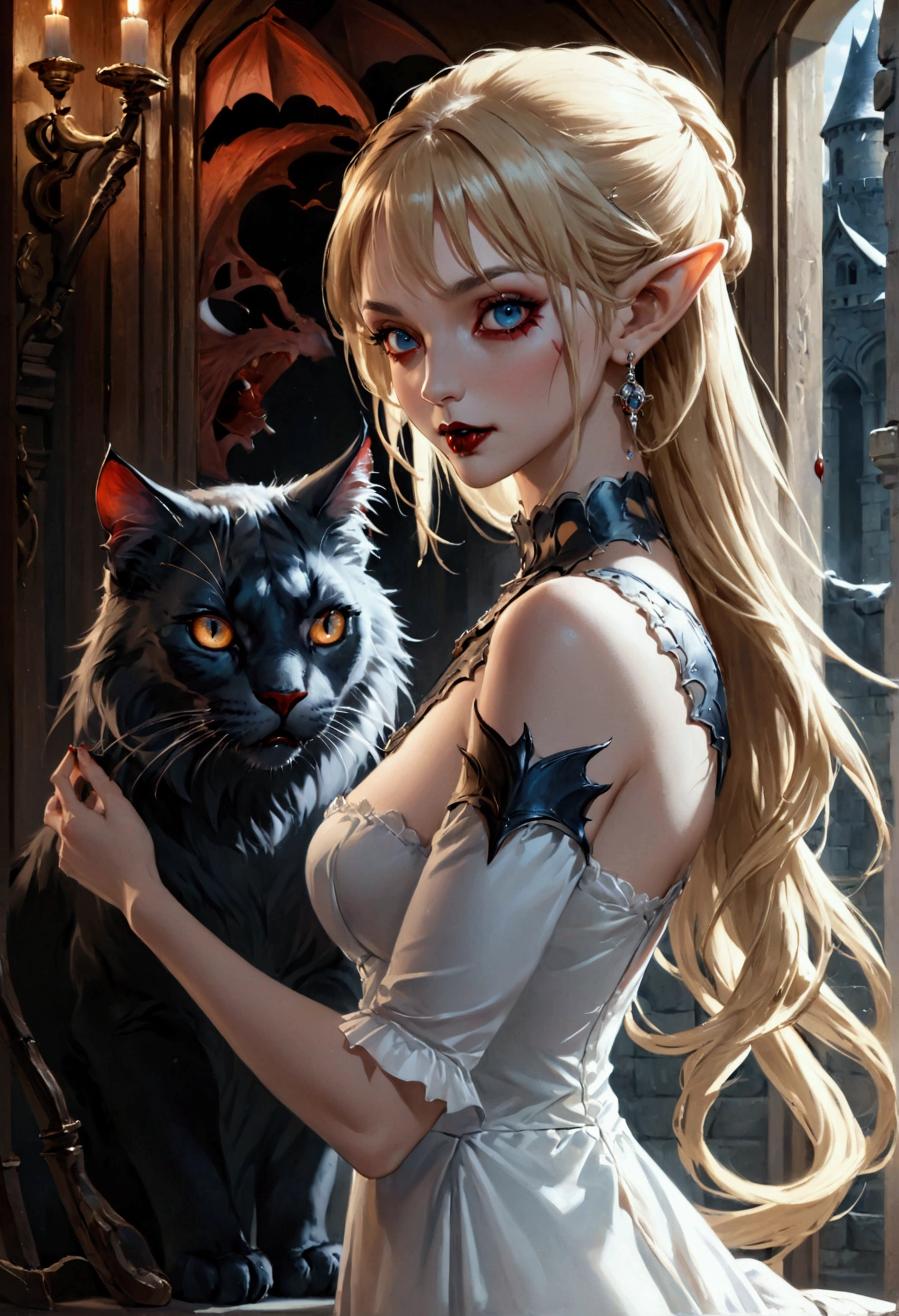 arafed a picture of elf vampire in her castle and her pet epic cat an exquisite beautiful female elf vampire (ultra details, Masterpiece, best quality), bloody mouth blond hair, pale skin, hair in a ponytail, long hair, blue eyes, small pointed ears, cold eyes, smirking, wearing white dress (ultra details, Masterpiece, best quality), red cloak, in dark fantasy library, with an ((big cat: 1.3)) (ultra details, Masterpiece, best quality: 1.5) book shelves, arafed high details, best quality, 16k, [ultra detailed], masterpiece, best quality, (ultra detailed), full body, ultra wide shot, photorealism, RAW, dark fantasy art, gothic art, ArmoredDress, Dark Novel, Dark Art Painting Style, dripping blood