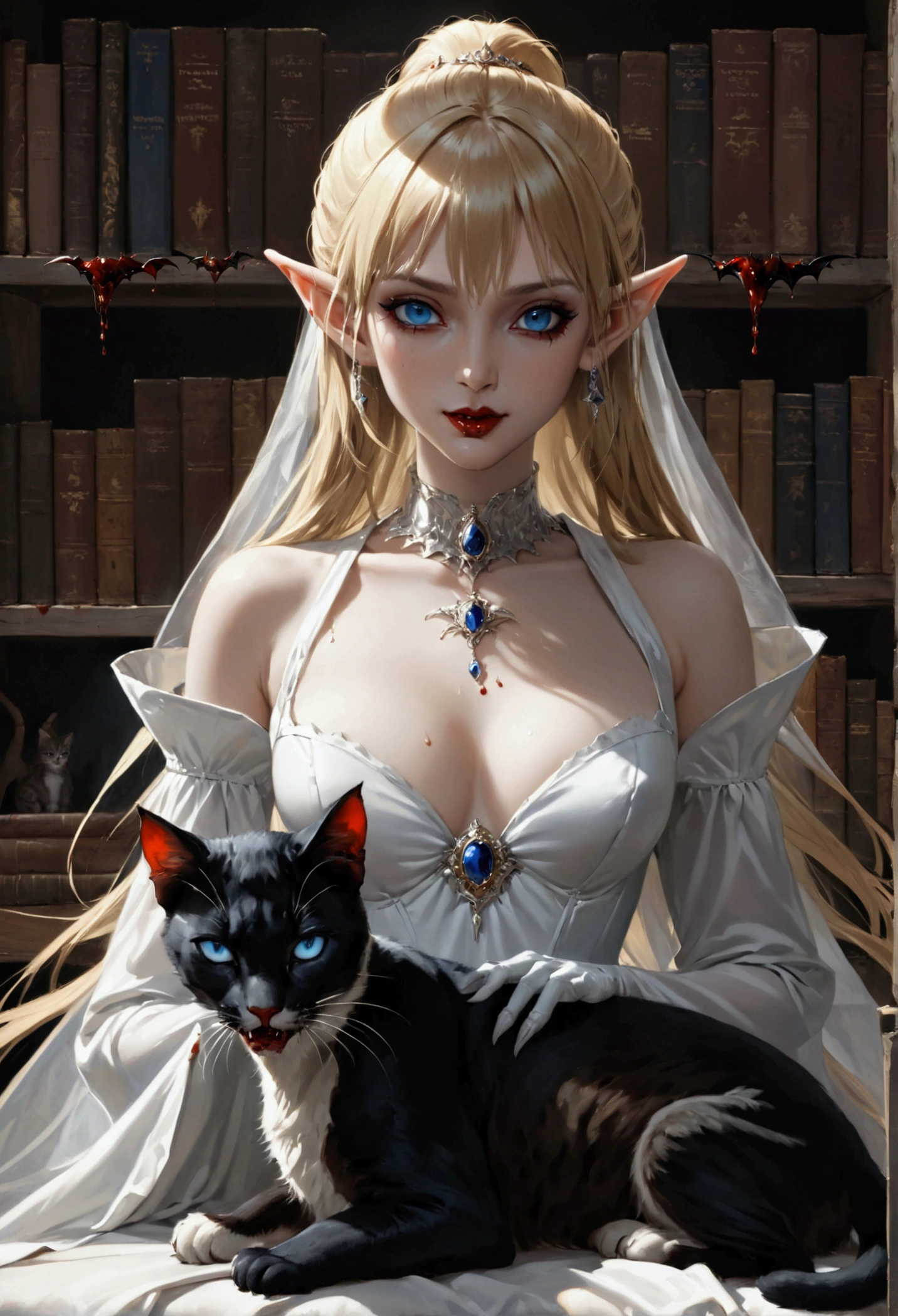 "A whimsical painting depicting the girl, her robot cat, and the moonlight casting a magical ambiance in the bedroom. Fantasy, vibrant colors, imaginative, whimsical."