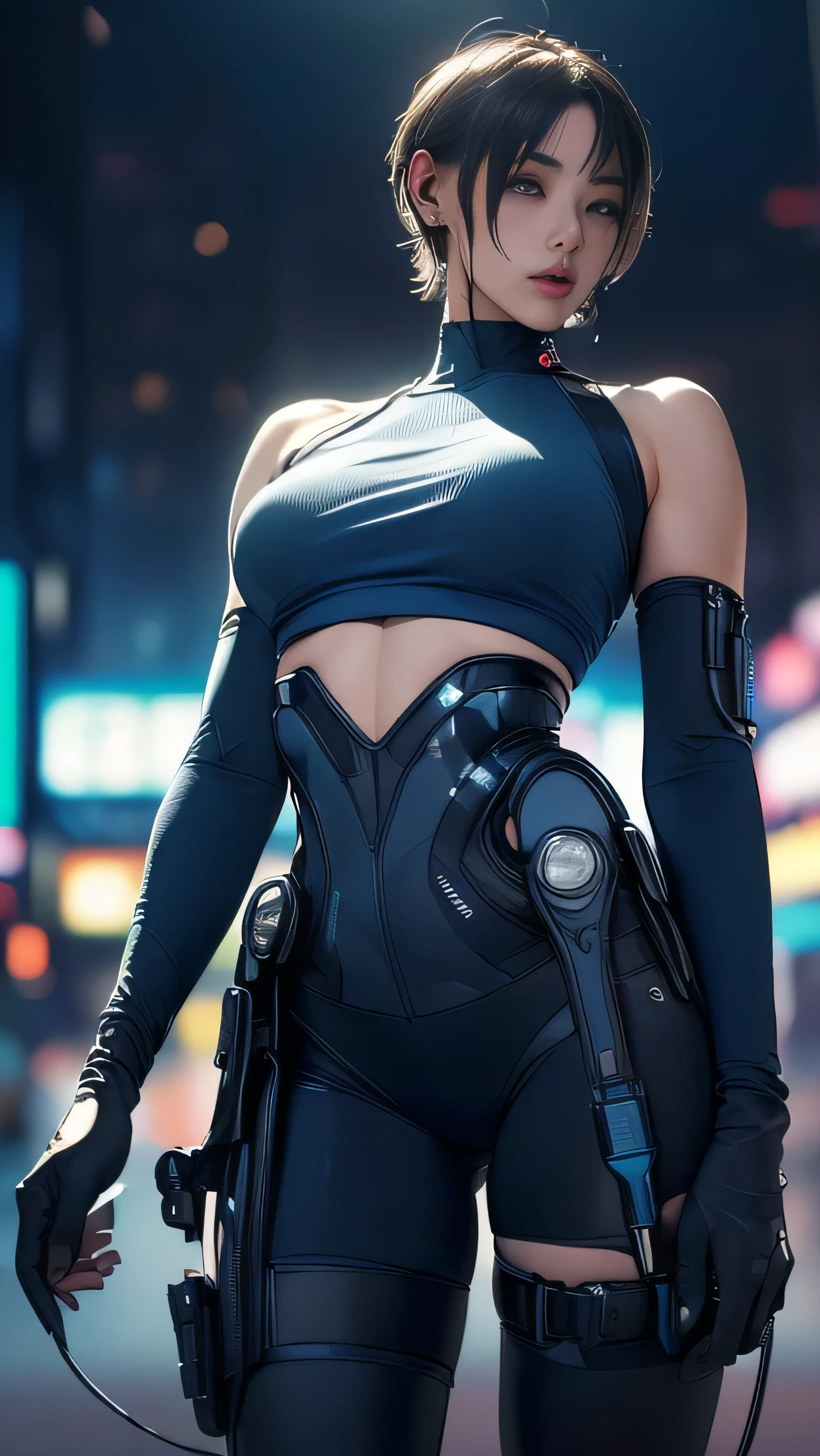 (A woman),(((A female member of the Future Force stands))),((Shiny dark blue tactical leggings:1.5)),((earphone:1.5)),((Tactical Holster:1.5)),(Gloves:1.5),(Serious:1.5),(Super short hair:1.5),(beautiful eyes:1.3),(Very detailedな顔:1.5),((Very detailedな女性の手の描画:1.5)),(((muscular:1.5))),((Sexy appearance:1.5)),((Thick thighs:1.5)),(Beautiful Body:1.5),((Very sensual:1.5)),(The backdrop is a futuristic city:1.5),(Cyberpunk atmosphere:1.5),(((Blurred background:1.5))),(Written border depth:1.5),rest(((masterpiece:1.5),(best quality:1.5),(Very detailed:1.5),(high resolution:1.5),(Practical:1.5),(Practical:1.5),(Delicate depiction),(carefully drawn))),8K,wallpaper