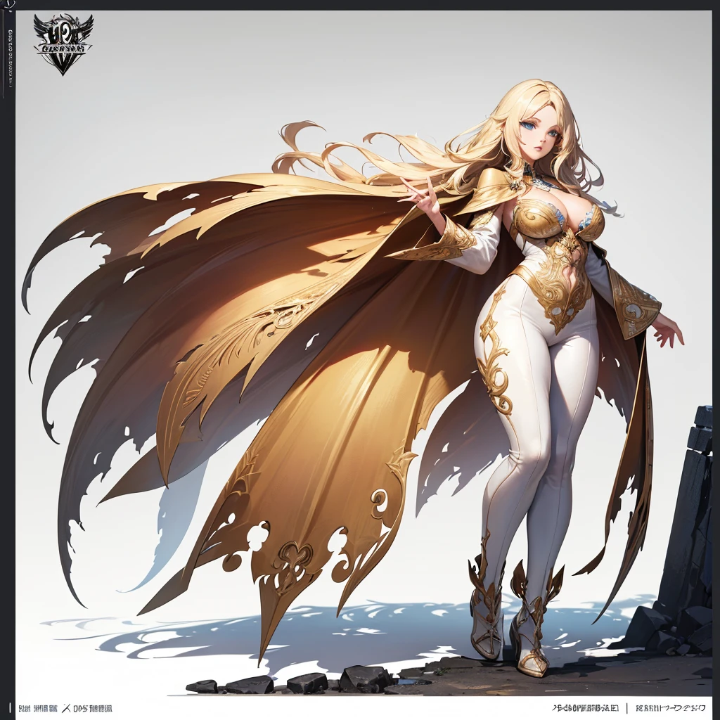 ((masterpiece,best quality,8K,high resolution)),((Character Concept Art)), 1 female, noble, Old money atmosphere, Supermodel, fashion model, 35 years old, (long Blonde Hair), Blonde Hair, (Fair skin), Ultra-fine eyes (Blue Eyes), Extraordinary and gorgeous, grace, charming, clever, calm, Perfect body ((Slim and curvy)), ((Intricate details)), Ultra-delicate hand details, Ultra-thin fingers(((Ten fingers))), Wearing a white coat、White shirt and white pants (Stand still), (Full body display), ((Exposing the whole body)), (No logos on background), (No logo), ((Solid color background)), ((Solid color background)), (((Empty background)))