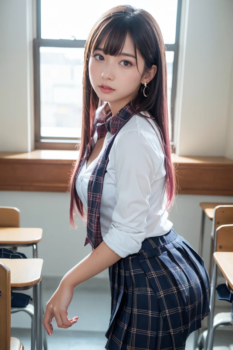 ((Highest quality, 8k, masterpiece: 1.3, One Girl, beautiful girl)), cute, dynamism, Detailed face, Detailed skin, Detailed clothing, Detailed eyes, Detailed lips, Detailed tongue, Detailed fingers, Mouth Details, Realistic, RAW Photos, High resolution, Natural light, Dynamic pose, Perfect ???????, Toned Legs, double eyelid, Tear bags, Round eyes, Moisturized lips, Sweaty, ((This passage, Marine Kitagawa)) Blonde and pink hair, Metal collar, ear Earrings, Earrings, Long Hair, Earrings, Red eyes, Straight hair, Swept-apart bangs, Gradient Hair, School uniforms, White shirt, tie, Checkered Pleated Skirt, Ecstatic face, Ahegao, Drooling, View your audience, (pants, Pull down your panties, Grab your chest), In the classroom at dusk, Sticking your butt out in front、pantsが見えている。