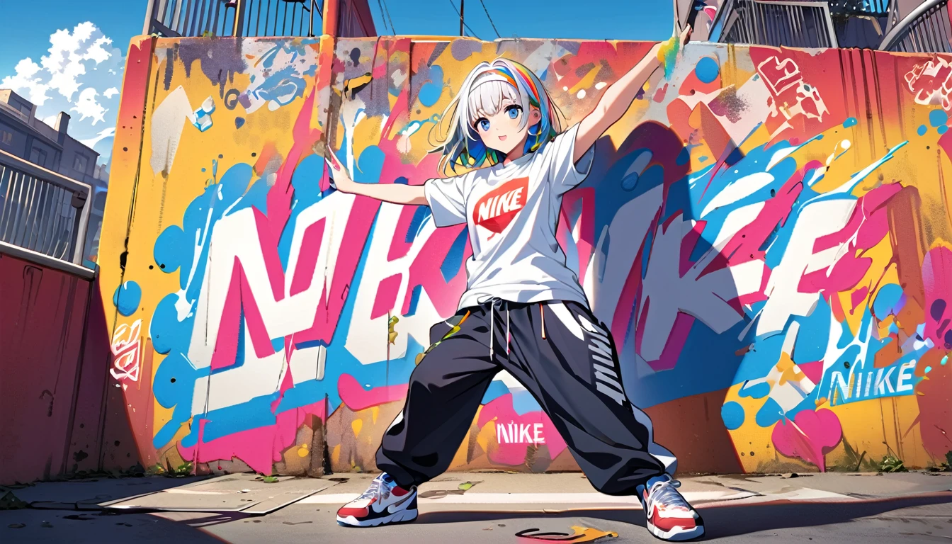 HD 8K Handsome sexy-cute, Solitary, 1 female, Medium Length Hair, white hair, Rainbow hair, blue Eyes, Rainbow headphone, Hip hop Dance, White Big t-shirt, White hairband sneakers logo to NIKE, Human focus, outdoor, blue sky, White clouds, graffiti spray art wall,