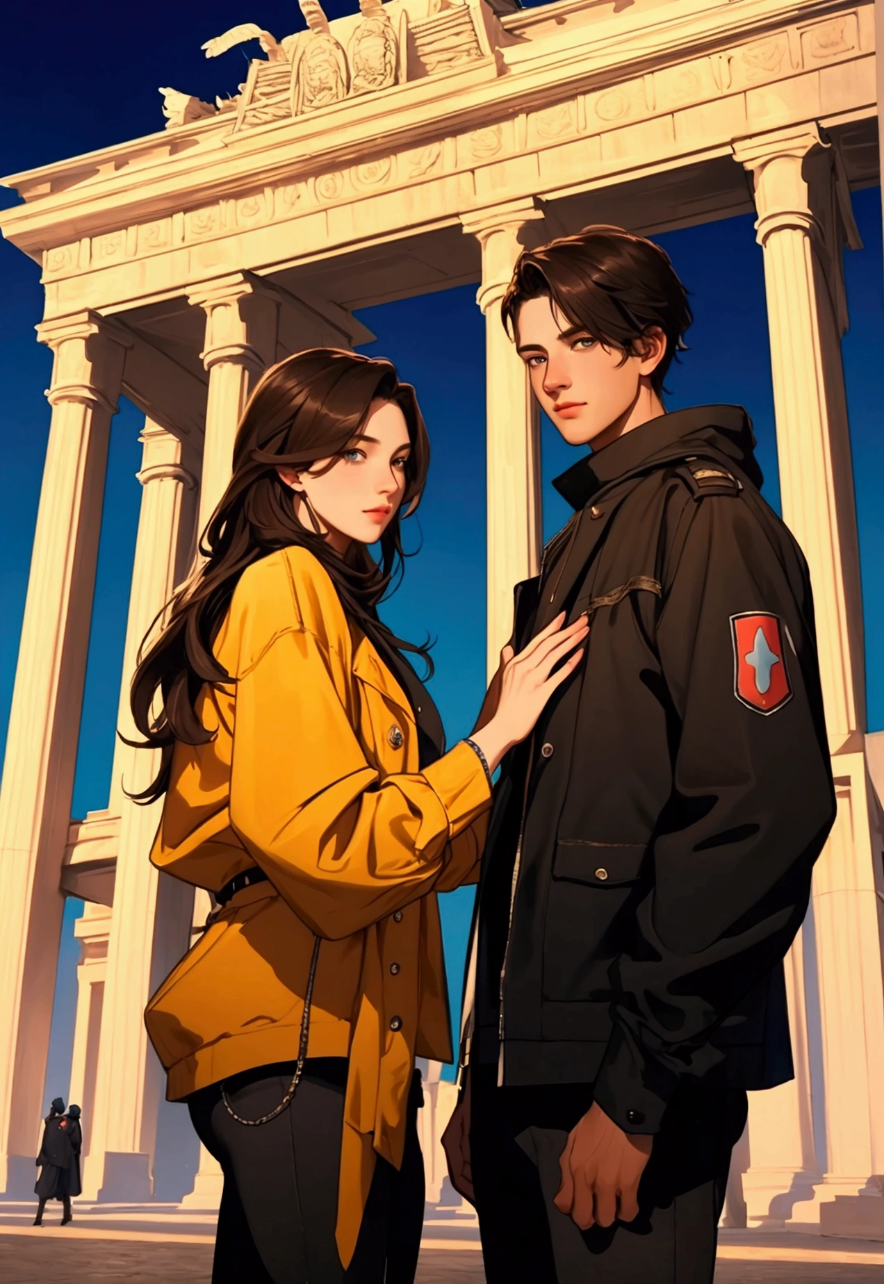 A young man and his girlfriend stand in front of Brandenburger Tor, high quality, vibrant colors, cinematic lighting, 8k, photorealistic, digital art, concept art