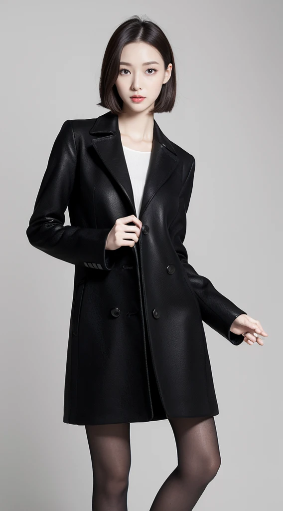 Ultra HD resolution，top quality，clear eyes，without make-up，lip gloss，is a perfect face，White skin，perfect ，Slender legs，black greatcoat，grey pantyhose，White background