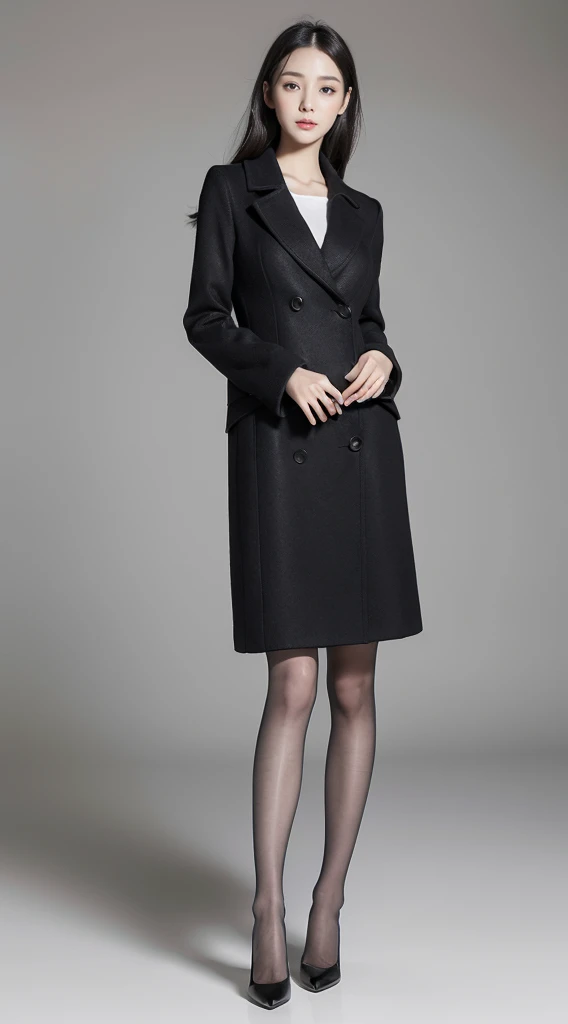 Ultra HD resolution,top quality,clear eyes,without make-up,lip gloss,is a perfect face,White skin,perfect ,Slender legs,black greatcoat,grey pantyhose,White background