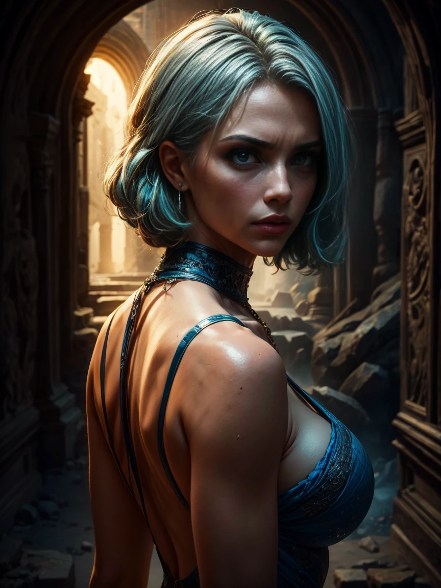 In the foreground, Delilah, an attractive woman with an enigmatic and treacherous look, blue blonde hair, a full back image looking at the camera. ancient and biblical vertigo. hyper realistic, cinematic.