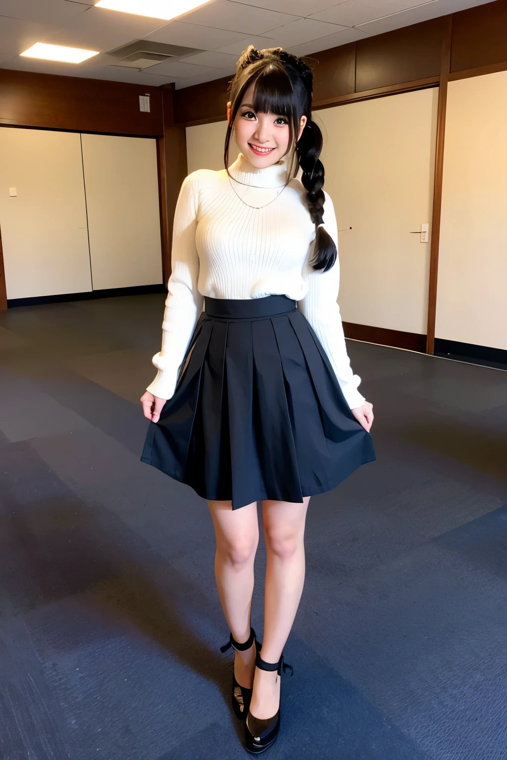 Standing in a large, empty room、Cute black hair、Young girl with twin tails、Japanese、Makeup and a pretty face like an idol、Smiling、Cute outfitini skirt、Full body portrait