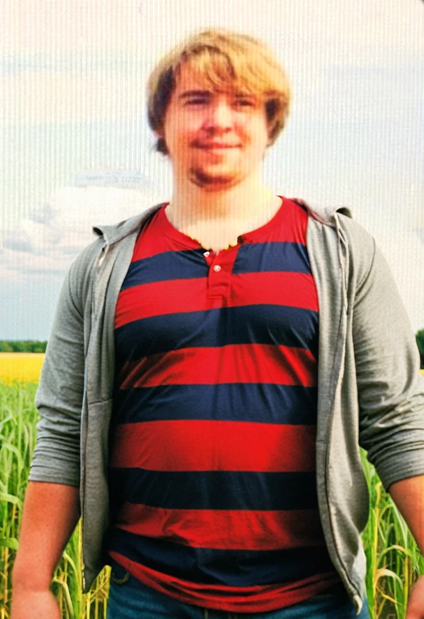 A man is standing in the field, tight red t-shirt, chubby, fat, he has a round belly, thick love handles, he is tall, ex-jock, muscular arms and chest,