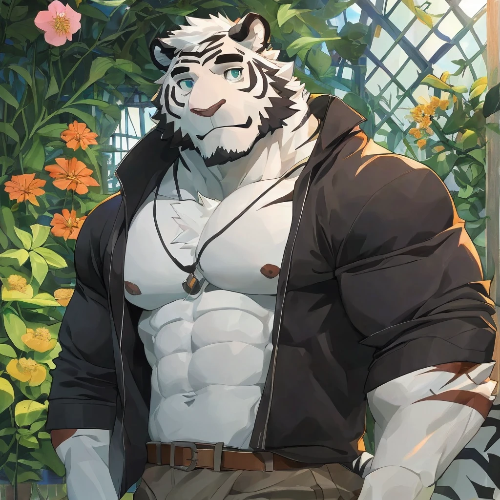 masterpiece,best quality,greenhouse,Sunlight,Flowers,plant,Male focus,Tiger-type orcs,(Sporty:1.5), (White fur,Black eyebrows:1.5), Agate-colored eyes,Black Nose,Five fingers,Strong body,Pectoralis major,Eight-pack abs,Clothes unbuttoned to reveal chest muscles,belt,Transparent raincoat,