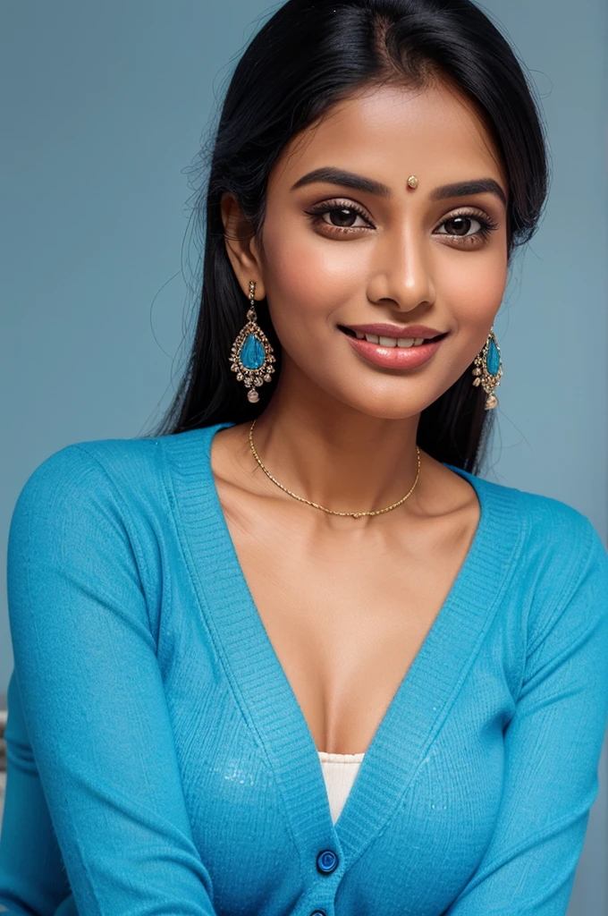 "An elegant Indian woman in a form-fitting blue cardigan poses confidently, her serene smile and sparkling earrings enhancing her poised and sophisticated presence against a soft blue background."