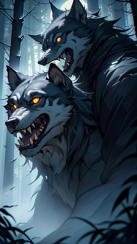 a werewolf, detailed fur texture, glowing yellow eyes, fangs, claws, snarling expression, dark forest background, moonlight shining through trees, (best quality,4k,8k,highres,masterpiece:1.2),ultra-detailed,(realistic,photorealistic,photo-realistic:1.37),cinematic lighting,dramatic shadows,moody atmosphere,muted color palette,concept art style