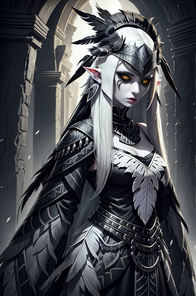 medieval fantasy, female (lamia), (black iris), (grey pulil), black snake tail, (long white hairs), ((very pale skin)), ((black feather headdress)), aztec, azt3ch