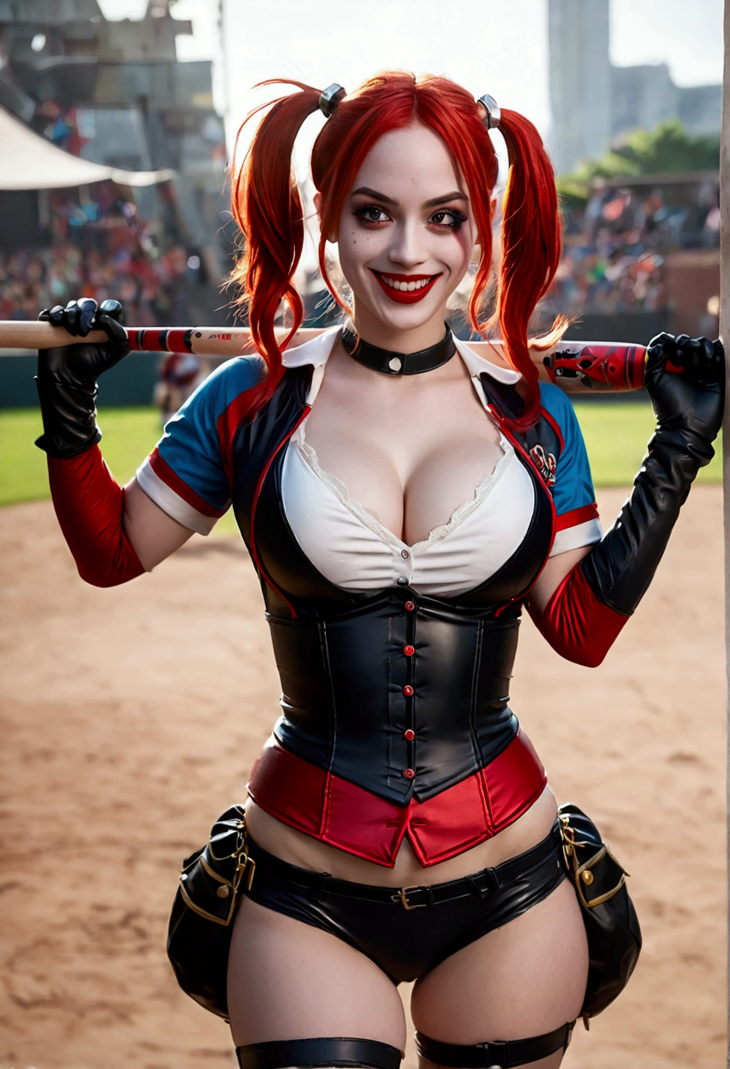 ultra realistic, photography, long red hair, girl, 24 years old, hourglass figure, perfect body, Flirty look, extremely detailed artgerm, in the style artgerm, small breasts, facing the camera, lens 35 mm, blur background, Harley Quinn costume, lively costume party as background, carrying one thick baseball-bat in her hands, laughing