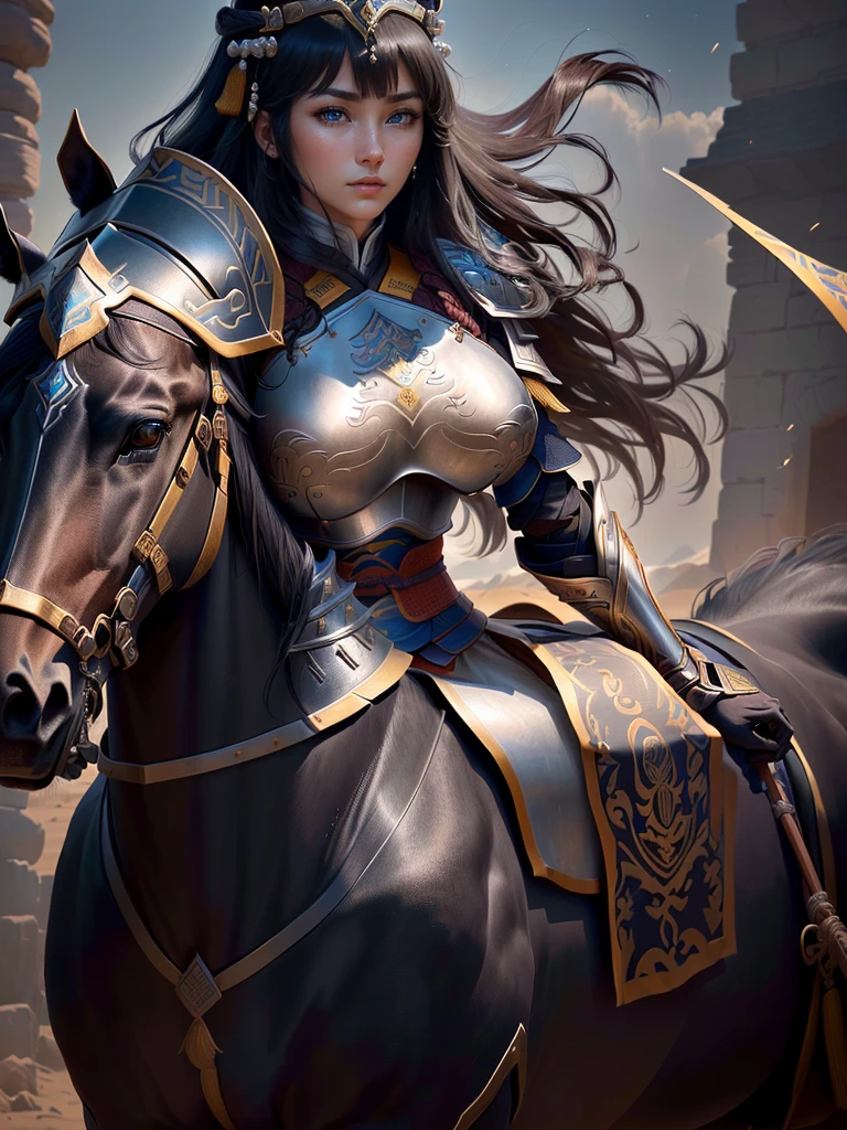 (a close up of a woman in armor riding a horse), zhao yun, mongol, genghis khan, xianxia hero, guan yu, naranbaatar ganbold, persian warrior, photo of genghis khan, inspired by Fan Kuan, inspired by Huang Shen, inspired by Cao Zhibai, inspired by Zhao Yuan, , Highly detailed CG unit 8k wallpaper, masterpiece, High resolution, highest quality, highest quality real texture skin, Super Real, Digital Painting, Best image quality, 最High resolution, 8k, (((Highly detailed eyes and face, Beautiful eyes every detail))), disproportionate breasts, huge breasts, sagging breasts, gigantic breasts, black hair,