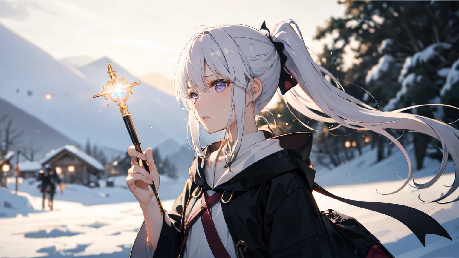 Morning Glow,Depth of written boundary,Side light, A beautiful purple-eyed magician with white hair tied in a ponytail、Holding a magic wand in his left hand、The scene where the villagers see him off on a desperate journey