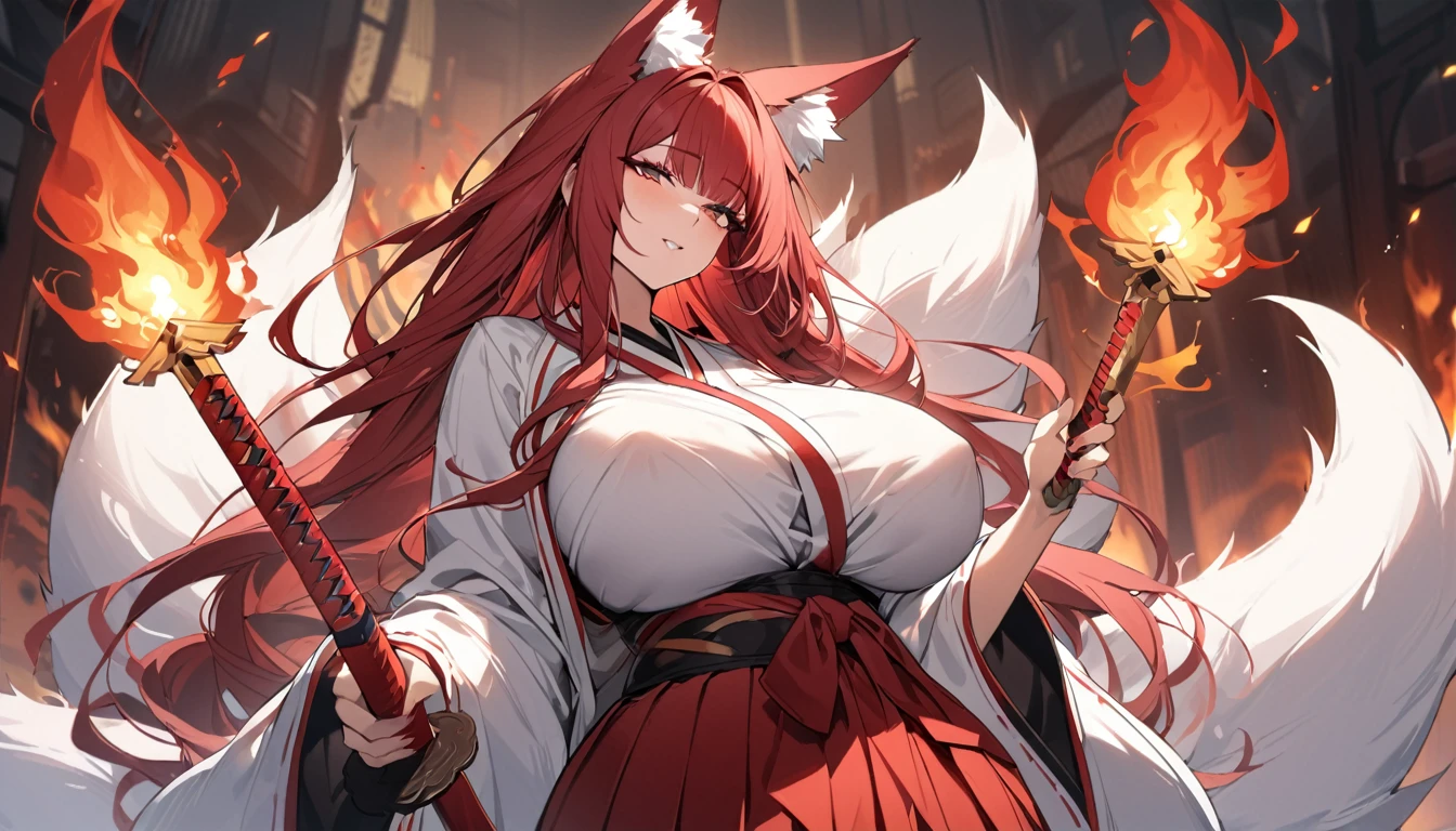 4K masterpiece High brightness crimson hair Very long ponytail Bangs down Mature woman Very large bust Huge breasts Exposed hakama Fox ears and nine fox tails of the same color as the hair Burning sword、Sword、He is wearing a five-fingered flame and is holding a Japanese sword.
