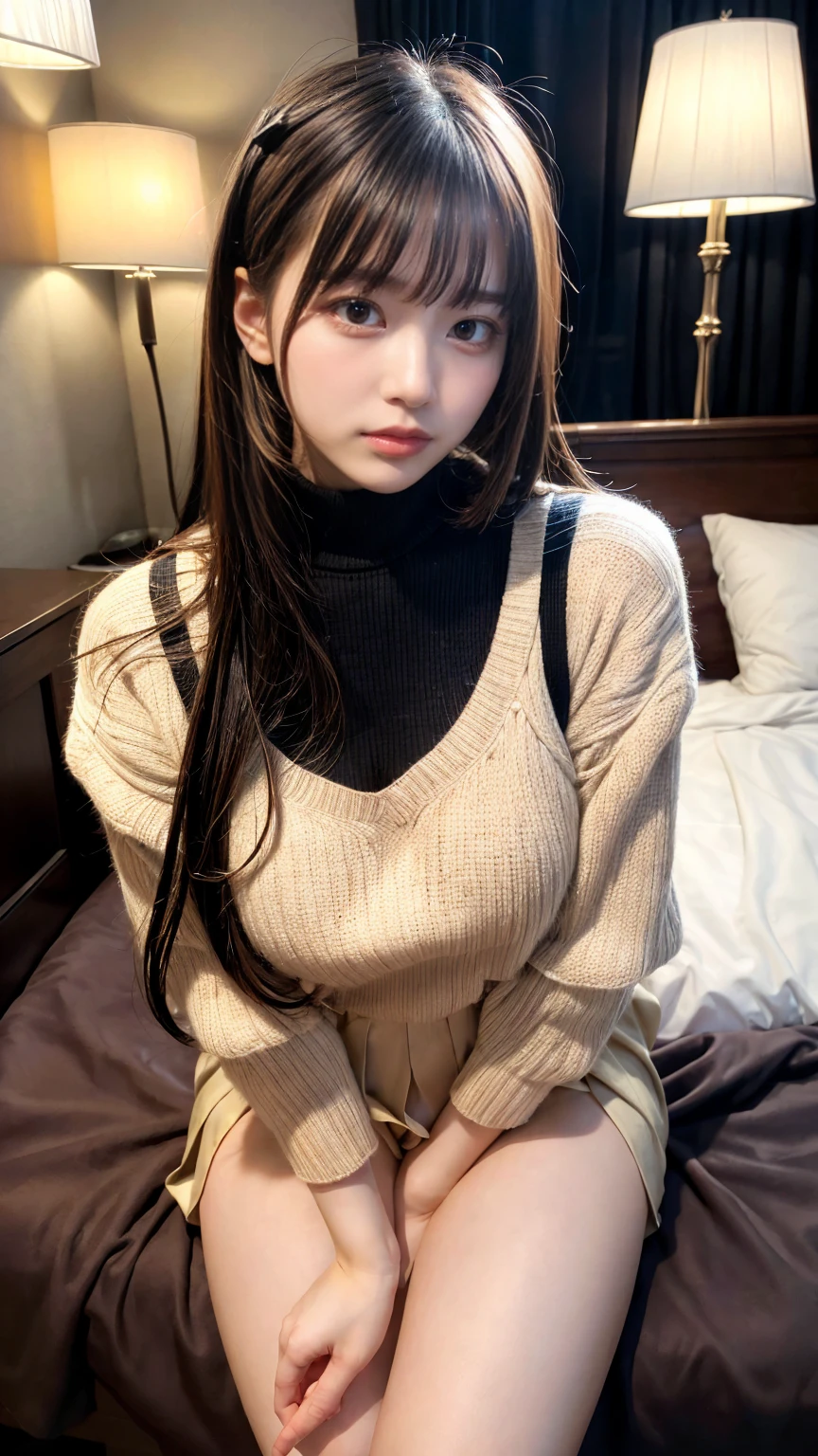 masterpiece, best quality, illustration, Super detailed, fine details, High resolution, 8K,wall paper, perfect dynamic composition,(Details High quality, realistic depiction of eyes:1.3), Oversized turtleneck light beige sweater, pleated skirt, straight hair, large breasts, black hair color, Big Natural Color Lip, (perfect body shape), crying a little、cold gaze, Harajuku style、20 year old girl、cute type、lolita、beautiful legs, hotel room, Gravure Idol, Voluptuous thighs