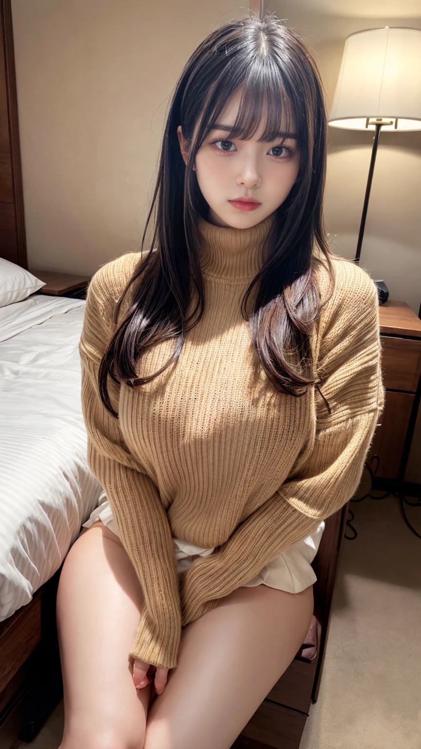 masterpiece, best quality, illustration, Super detailed, fine details, High resolution, 8K,wall paper, perfect dynamic composition,(Details High quality, realistic depiction of eyes:1.3), Oversized turtleneck light beige sweater, pleated skirt, straight hair, large breasts, black hair color, Big Natural Color Lip, (perfect body shape), crying a little、cold gaze, Harajuku style、20 year old girl、cute type、ta、beautiful legs, hotel room, Gravure Idol, Voluptuous thighs