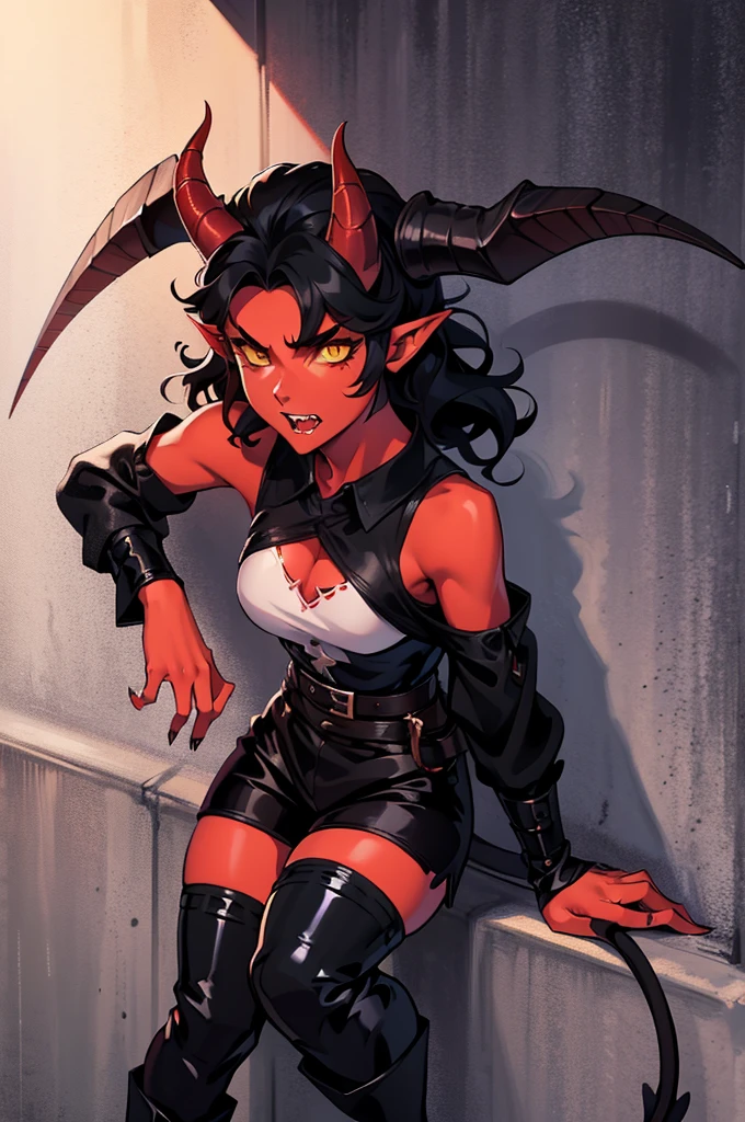 1 girl, tiflin, Redskin, yellow eyes, black sclera, pointy ears, red horns, short shoulder length wavy black hair, Sharp teeth, black sleeveless shirt, black shorts, black off shoulder sleeves, dishonest clothing, demon tail, black boots, dagger in hand, leaning on a wall, looks 25 years old