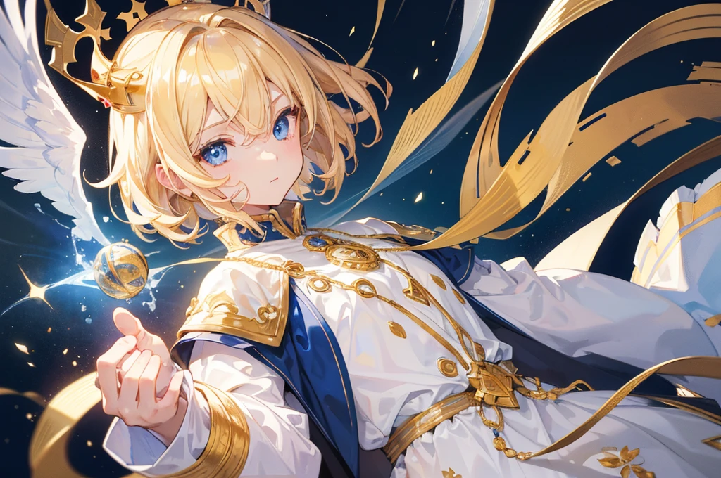 (Highest quality) (4K) (8k) (High resolution) (masterpiece:1.2) (Super detailed) One boy short hair Wizard Blue Eyes Long sleeve Golden decoration Hair between the eyes White Dress Wavy golden hair Upper Body (large crown) (White Background) front Face close-up Cast a spell