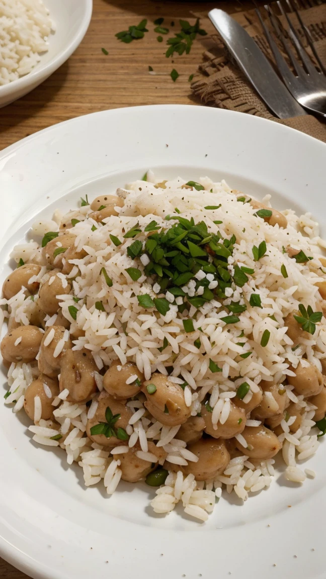 Tropeiro beans accompanied by loose white rice sprinkled with chives and parsley on a beautiful white plate on a wooden table