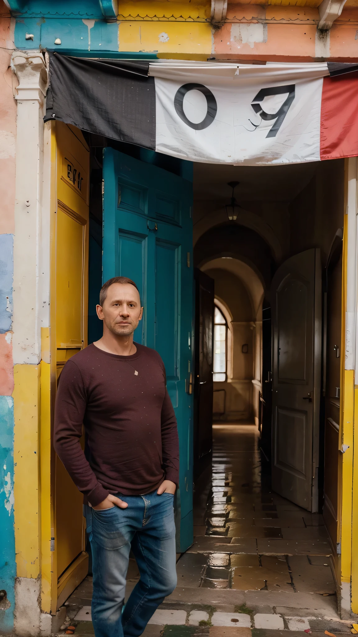 Lisbon, A young ((((39-year-old)) Marcus Logan)), pale englishman, tall, standing inside the arch, ((colorful))
