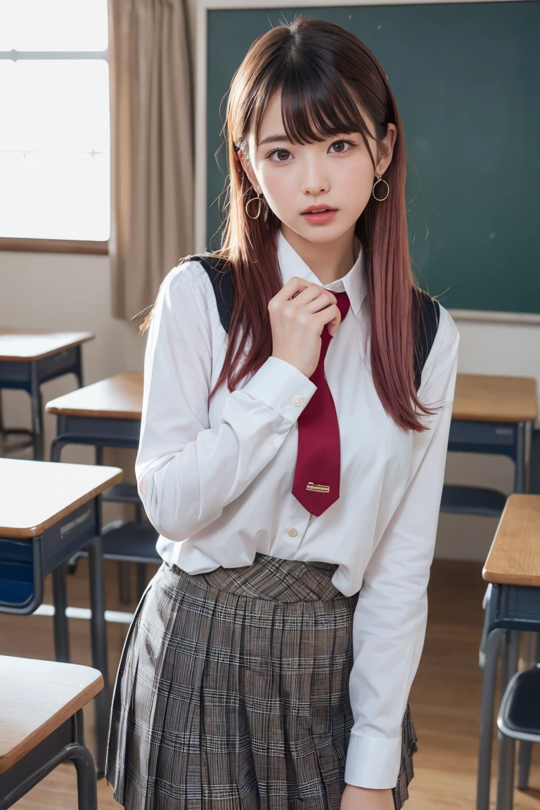 Teenage girls,anime, bright red hair, wear a gray headband, red eyelids, gray skirt, White shirt,schoolchild, Sma 