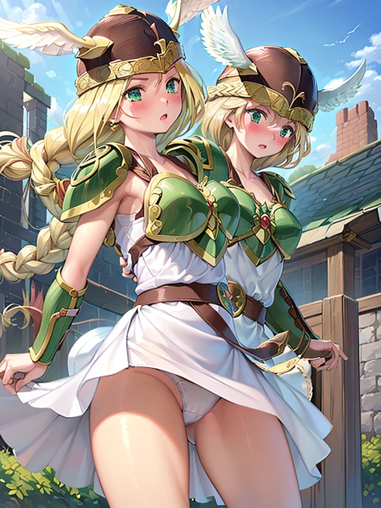 (masterpiece,best quality, 1girl, 18yo, beautiful girl:1.2),BREAK,(Armor:1.8),(Helmet with wings:1.7),(Beautiful blonde,braid,Green Eyes:1.5),BREAK,(White Dress,white panties:1.4),(She lifts her skirt to show her panties:1.4),BREAK,(blush:1.5), (blue sky:1.3),(Running on clouds:1.3),(move chart:1.3),