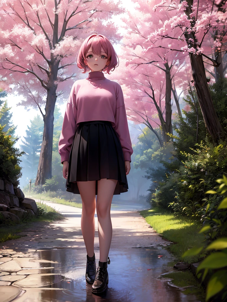 work of art, best qualityer, ultra detali, illustration, wide angle, 1 girl standing in the middle of the road, standing alone, road in the middle and pink cherry trees on the side of the road, Farbepo todo, the 20s, pink  hair, sweater, skirt short, lo fashion,, Composition, balance, harmony, pacing, Farbe, Lumiere, ombre, reflection, refraction, tom, sharp contrast, foreground, middle ground, fund, naturalist, Figurative, representative.