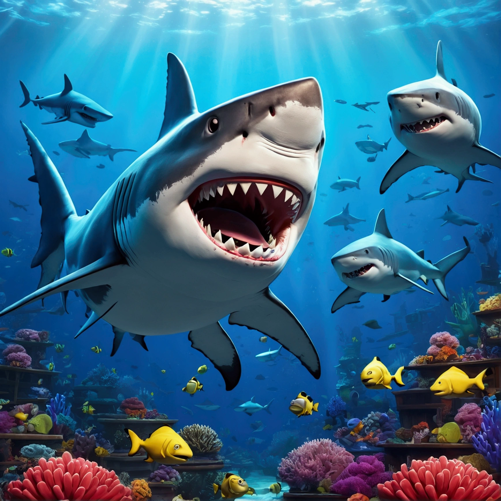 Huge sharks, pixar cartoon style,masterpiece, best quality
