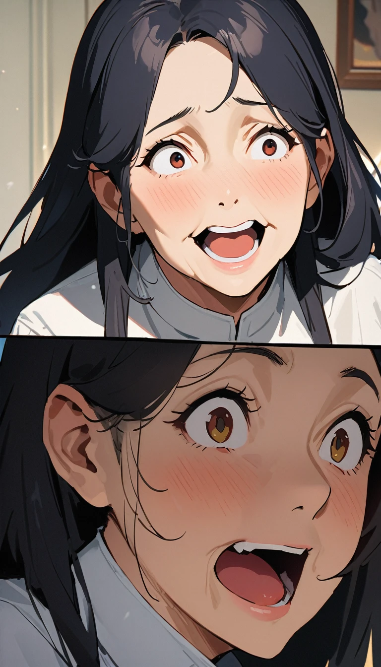 ((しわのある肌:1.3)) , (50 years old woman) , masterpiece , modern, Verism, masterpiece, super detail, best quality, 4K , A beautiful woman, black hair, long hair, She has his mouth wide open, showing a very surprised expression.