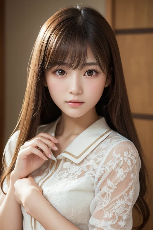 (8k, RAW photo, best quality, masterpiece:1.2), ultra detailed, ultra high res,
(realistic, photo realistic:1.37), high detail RAW color photo, professional photograph,
an extremely delicate and beautiful, extremely detailed, 8k wallpaper, Amazing, finely detail, huge file size, official art, extremely detailed CG unity 8k wallpaper,
extremely detailed beautiful girl, extremely detailed face, extremely detailed eyes, extremely detailed skin, extremely detailed fingers, extremely detailed nose, extremely detailed mouth, perfect anatomy, highly detailed background, extremely detailed clothing,
1girl, (25 years old:1.2), teenage, cute girl, famous japanese idol, kawaii,
(small breasts:1.2), realistic body, ,
fair skin, shiny skin, slender body, good figure,
black hair, long straight hair, (blunt bangs:1.2),
smile, cute, young, cute face, baby face, realistic face,
beautifully detailed eyes, drooping eyes, beautiful big eyes, large dark eyes, beautiful and clear eyes,
shirt,white shirt, cleavage,white panty,
looking at viewer, front view,in room,