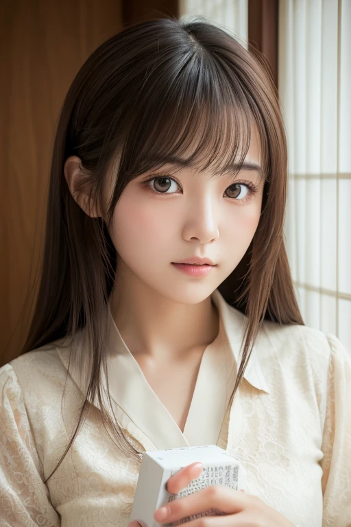 highest quality, face focus, soft light, ultra high resolution, (realistic:1.4), Raw photo, 1 Japanese girl, alone, cute, (pupil, There's a light in my eyes), detailed beautiful face, (small box),(High resolution details of human skin texture), (long hair), indoor, damask shirt dress, (portrait)