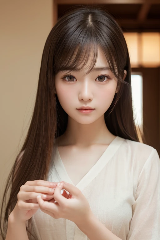 highest quality, face focus, soft light, ultra high resolution, (realistic:1.4), Raw photo, 1 Japanese girl, alone, cute, (pupil, There's a light in my eyes), detailed beautiful face, (small box),(High resolution details of human skin texture), (long hair), indoor, damask shirt dress, (portrait)