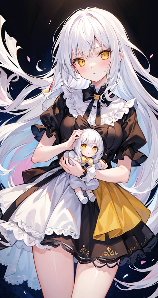 girl cute Holding a doll White Hair Yellow Eyes