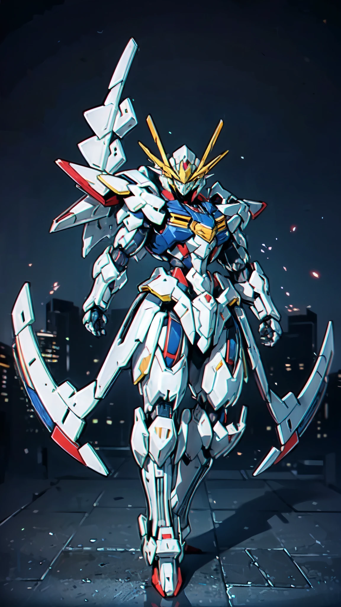 (masterpiece:1.5, best quality:1.5, extremely delicate:1.5), humanoid Mecha, fully enclosed shoulder guards, matching arm and leg guards, full body, full armor, the design balances heavy with agility, (the color scheme is primarily white with red and blue accents, the concept Inspired by Super robot, organic biotech armor, standing, floating high above the futuristic sci-fi city), exquisite and mature art style, (aura effect, energy, glowing eyes, the armor glows), metallic, dramatic, high definition, highres, ultra-detailed, ultra-fine painting, professional, perfect body proportions, anatomically correct, symmetrical face, extremely detailed eyes and face, high quality eyes, creativity, RAW photo, UHD, 32k, Natural light, cinematic lighting, masterpiece-anatomy-perfect