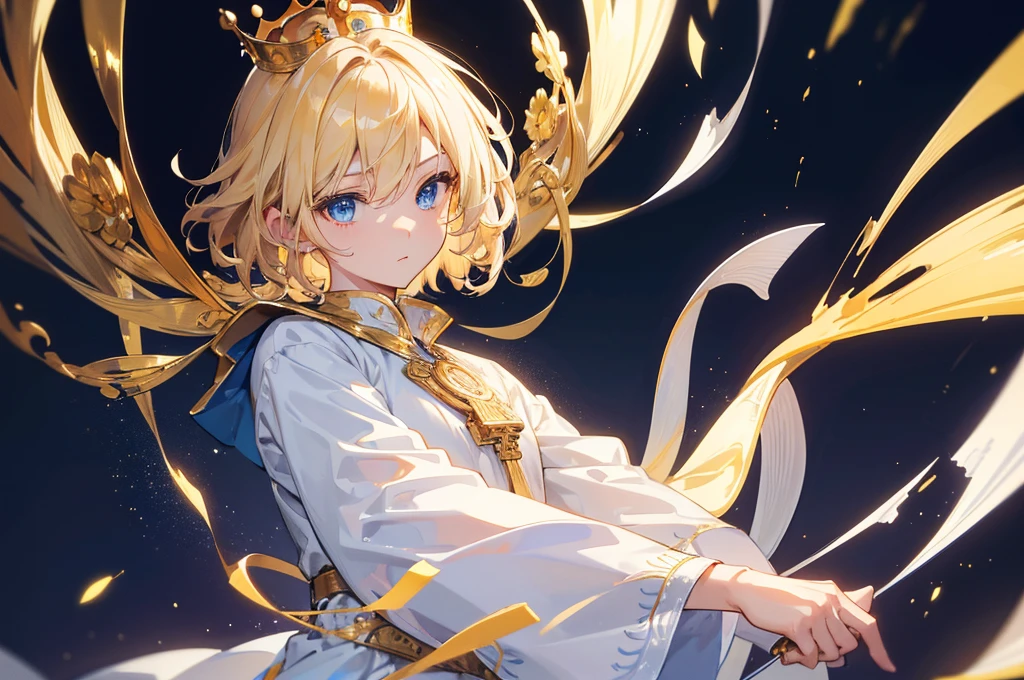 (Highest quality) (4K) (8k) (High resolution) (masterpiece:1.2) (Super detailed) One boy short hair Wizard Blue Eyes Long sleeve Golden decoration Hair between the eyes White Dress Wavy golden hair Upper Body (large crown) (White Background) front Face close-up Cast a spell