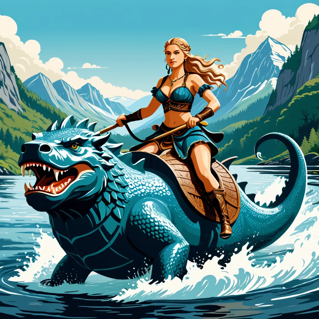 viking amazon in swedish folk outfit, riding a water beast, vector graphics, strong contours
 