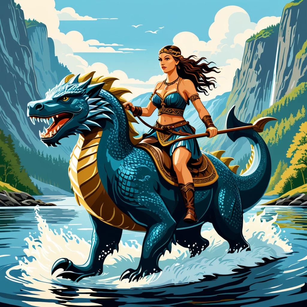 viking amazon in swedish folk outfit, riding a water beast, vector graphics, strong contours