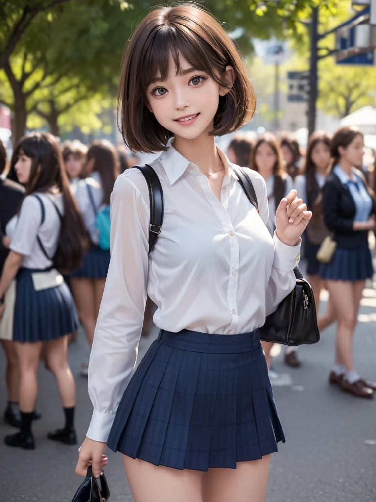 (8k, RAW Photos, Highest quality, masterpiece:1.2), (Realistic, photo-Realistic:1.4), (extremely detailed 8k wallpaper), ((Full Body Shot)), (((1 girl))), Sharp focus, Depth of written boundary, Cinematic lighting, Soft Light, (緻密な美しさのeye, eye_Chan, Very beautiful 17 year old girl, innocent big eyes, Realistic, photo Realistic, Highly detailed cute girl, (Thin thighs), (Model body type), (Brown Hair), (Short Bob Hair), (Asymmetrical bangs), ((A happy smile)), Glowing Skin, Ultra-dense skin ,High resolution, High Detail, Detailed hairstyle, Detailed facial beauty, hyper Realistic, Perfect limbs, Perfect Anatomy, Perfect female body, (school uniform:1.3),(Mini Skirt Navy blue checked micro mini skirt), Watching the audience, (Crowded city street:1.3)